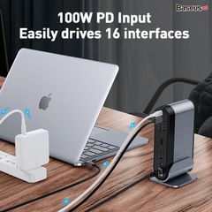 Hub chuyển đa năng Baseus Working Station 16 in 1 Multifunctional (Type C*4 / HDMI / VGA / RJ-45 Gigabit / SD,TF Card / USB3.0*3/ USB2.0*2/ Audio AUX 3.5mm/ DC 12V)