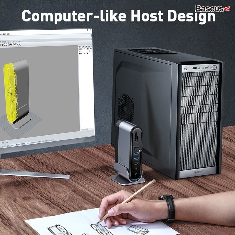 Hub chuyển đa năng Baseus Working Station 16 in 1 Multifunctional (Type C*4 / HDMI / VGA / RJ-45 Gigabit / SD,TF Card / USB3.0*3/ USB2.0*2/ Audio AUX 3.5mm/ DC 12V)