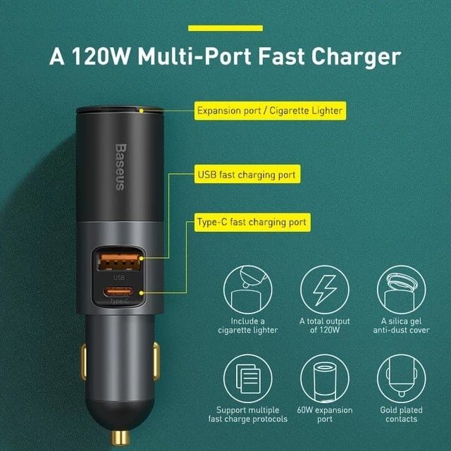 Tẩu sạc nhanh mở rộng 120W Baseus Share Together Fast Charge dùng cho xe hơi (120W, TypeC/USB Port, QC/PD3.0 Car Quick Charger with Cigarette Lighter Expansion Port)