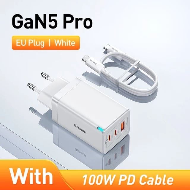 Bộ Sạc Nhanh kèm Cáp C to C Baseus GaN5 Pro Quick Charger 65W (Combo Củ kèm Cáp sạc 100W, Type C*2 + USB, PD3.0/PPS/QC4.0/SCP/FCP Multi Quick Charge Protocol)