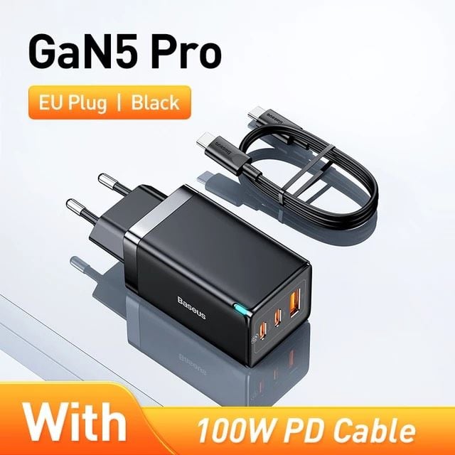 Bộ sạc nhanh Baseus GaN5 Pro 65W – Combo củ sạc + cáp C to C 100W, 2C + USB, hỗ trợ PD3.0/PPS/QC4.0/SCP/FCP