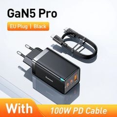 Bộ Sạc Nhanh kèm Cáp C to C Baseus GaN5 Pro Quick Charger 65W (Combo Củ kèm Cáp sạc 100W, Type C*2 + USB, PD3.0/PPS/QC4.0/SCP/FCP Multi Quick Charge Protocol)