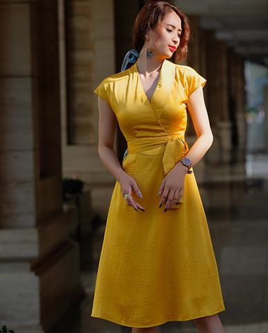 Đầm cổ vest đầm vàng đầm kiểu đẹp đầm lụa cao cấp đầm công sở thanh lịch | Thời trang thiết kế Hity