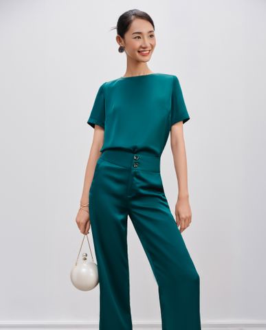 Áo suông lụa cổ thuyền tay ngắn xanh lá ngọc lục bảo emerald | Thời trang thiết kế Hity