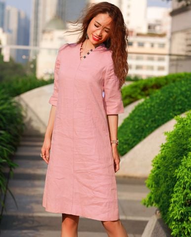 Đầm suông linen vải lanh hồng anh đào sakura đầm dài qua gối đầm thiết kế cao cấp | Thời trang thiết kế Hity