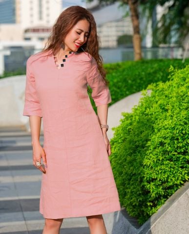 Đầm suông linen vải lanh hồng anh đào sakura đầm dài qua gối đầm thiết kế cao cấp | Thời trang thiết kế Hity