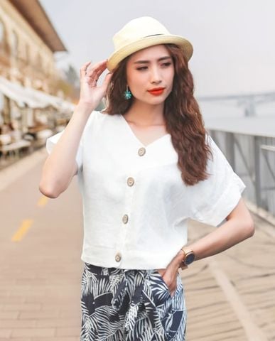 Áo croptop linen áo ngắn ngang lưng quần vải lanh trắng áo kiểu mùa hè | Thời trang thiết kế Hity
