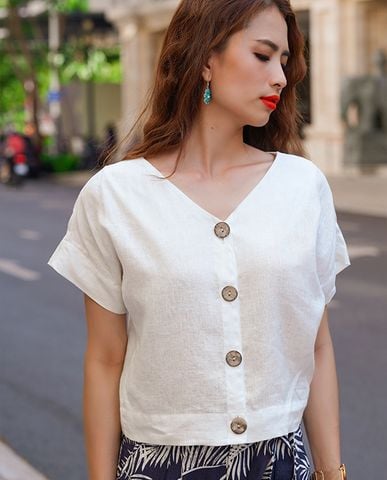 Áo croptop linen áo ngắn ngang lưng quần vải lanh trắng áo kiểu mùa hè | Thời trang thiết kế Hity