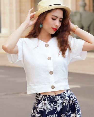 Áo croptop linen áo ngắn ngang lưng quần vải lanh trắng áo kiểu mùa hè | Thời trang thiết kế Hity