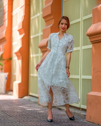 Đầm midi dài organza hoa trắng đầm đi chơi đi tiệc | Thời trang thiết kế cắt may thủ công Hity