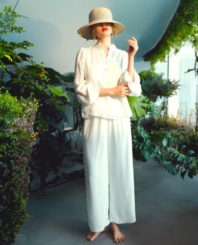 Áo lụa trắng tay dài áo kiểu đẹp phối bộ lụa sang trọng | Thời trang thiết kế Hity