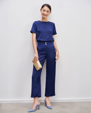 Áo suông lụa cổ tròn tay ngắn xanh hoàng gia cobalt áo kiểu cao cấp | Thời trang thiết kế Hity