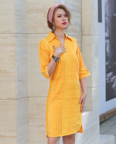 Đầm suông sơ mi linen vải lanh vàng đầm kiểu vintage | Thời trang thiết kế Hity