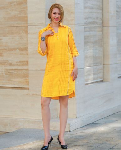 Đầm suông sơ mi linen vải lanh vàng đầm kiểu vintage | Thời trang thiết kế Hity