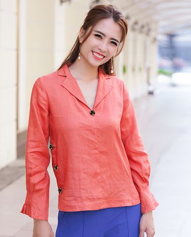 TOP148 Áo sơ mi cổ ve linen áo kiểu công sở thanh lịch vải lanh hồng san hô cao cấp | Thời trang thiết kế Hity