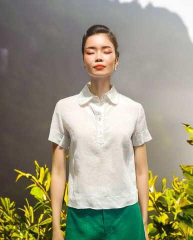 Áo sơ mi croptop tay ngắn linen vải lanh trắng mẫu áo công sở đẹp | Thời trang thiết kế Hity