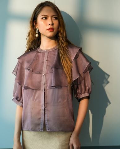 Áo lụa organza áo tơ xuyên thấu tím khói áo kiểu công sở nữ hàng hiệu | Thời trang thiết kế Hity