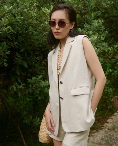 Áo khoác blazer sát nách rộng oversized linen vải lanh xám muối tiêu | Thời trang bền vững Hity