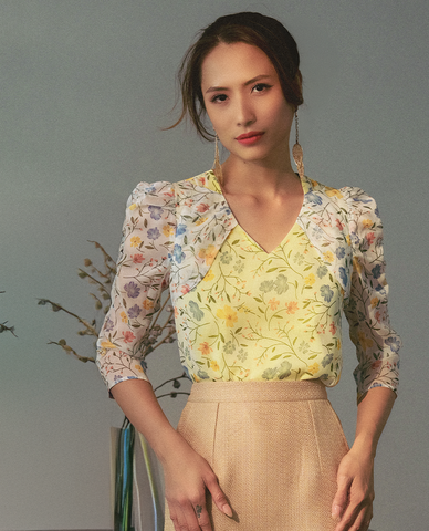 Áo kiểu suông cổ tim voan chiffon hoa vàng | Thời trang bền vững Hity