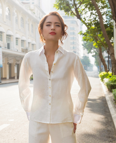 Áo sơ mi nữ tay dài linen vải lanh trắng  | Thời trang bền vững Hity