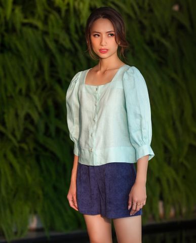 Áo linen croptop tay phồng cổ vuông xanh pastel | Thời trang thiết kế Hity