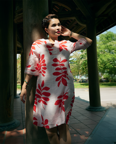 Đầm suông chữ A linen in lá đỏ thêu | Thời trang bền vững Hity