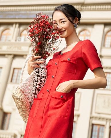Đầm cổ vuông tweed đỏ đầm quý cô cao cấp đầm thiết kế sang trọng | Thời trang thiết kế Hity