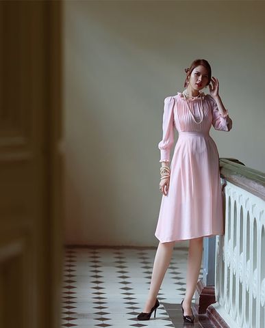 DRE115 Đầm xoè vintage đầm hồng tiểu thư đầm lụa cao cấp | Thời trang thiết kế Hity