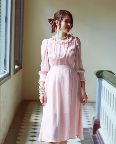 DRE115 Đầm xoè vintage đầm hồng tiểu thư đầm lụa cao cấp | Thời trang thiết kế Hity