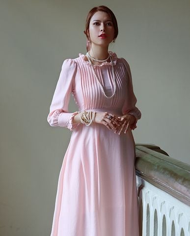 DRE115 Đầm xoè vintage đầm hồng tiểu thư đầm lụa cao cấp | Thời trang thiết kế Hity