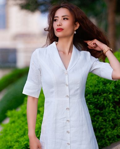 Đầm linen trắng đầm kiểu cổ điển đầm vintage đầm thiết kế công sở cao cấp | Thời trang thiết kế Hity