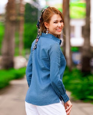 Áo sơ mi linen xanh cổ vịt cao cấp kiểu áo sơ mi công sở đẹp | Thời trang thiết kế Hity