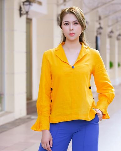 Áo sơ mi cổ ve linen áo kiểu công sở thanh lịch vải lanh vàng cao cấp | Thời trang thiết kế Hity