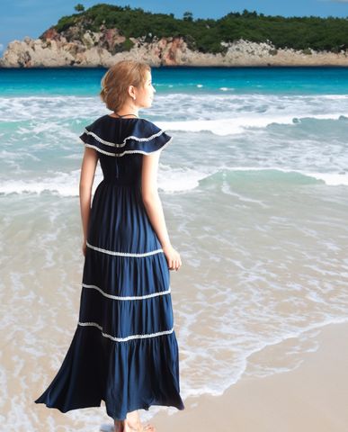 Đầm maxi đầm dài đi biển đi du lịch đầm xanh navy thời trang resorts | Thời trang thiết kế Hity