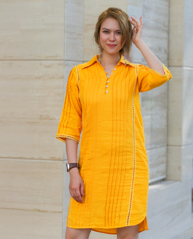 Đầm sơ mi suông linen vải lanh vàng phong cách cổ điển vintage | Thời trang bền vững Hity