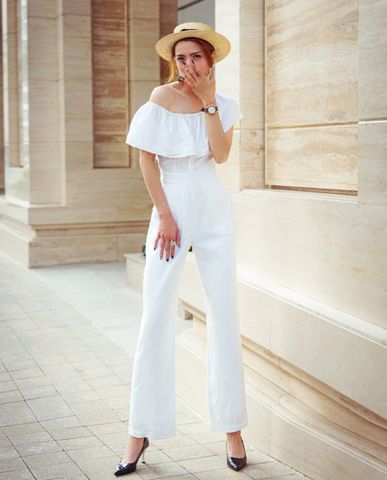 Đồ bay dài jumpsuit trễ vai linen vải lanh trắng bộ áo liền quần dài ống suông | Thời trang thiết kế Hity