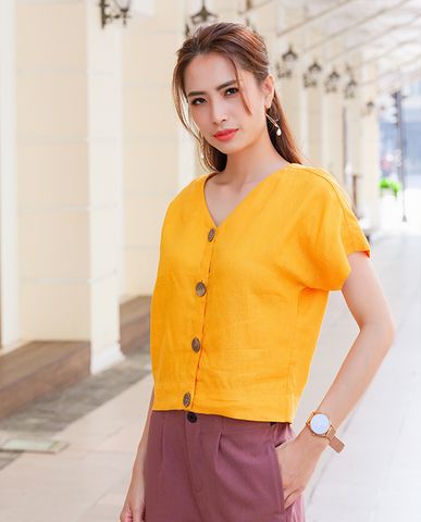 Áo croptop linen vải lanh áo kiểu ngắn ngang lưng quần tay liền vàng | Thời trang thiết kế Hity