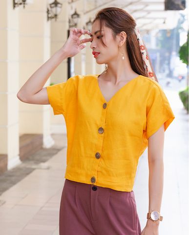 Áo croptop linen vải lanh áo kiểu ngắn ngang lưng quần tay liền vàng | Thời trang thiết kế Hity