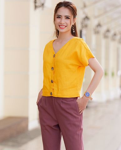 Áo croptop linen vải lanh áo kiểu ngắn ngang lưng quần tay liền vàng | Thời trang thiết kế Hity