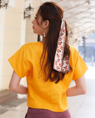 Áo croptop linen vải lanh áo kiểu ngắn ngang lưng quần tay liền vàng | Thời trang thiết kế Hity