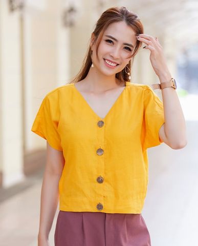 Áo croptop linen vải lanh áo kiểu ngắn ngang lưng quần tay liền vàng | Thời trang thiết kế Hity