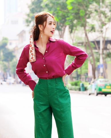 Áo sơ mi nữ linen vải lanh tím áo sơ mi công sở hàng hiệu | Thời trang thiết kế Hity