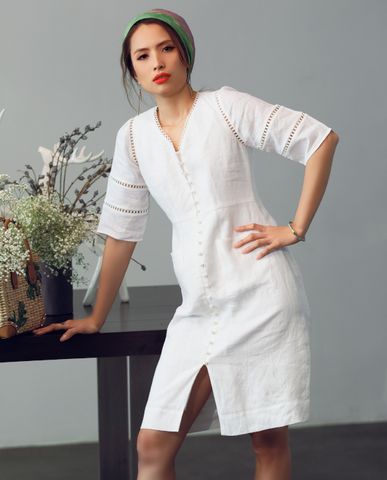 Đầm suông linen trắng đầm vải lanh đầm thiết kế cao cấp | Thời trang thiết kế Hity