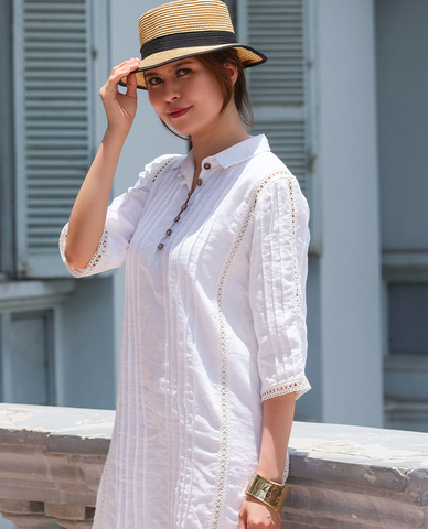 Đầm sơ mi dáng suông linen vải lan trắng phong cách cổ điển vintage | Thời trang bền vững Hity