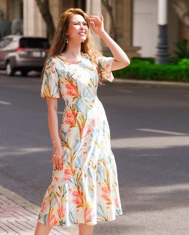 Đầm lụa đầm hoa đầm midi đầm dài qua gối đầm nữ sang trọng đầm kiểu cao cấp | Thời trang thiết kế Hity
