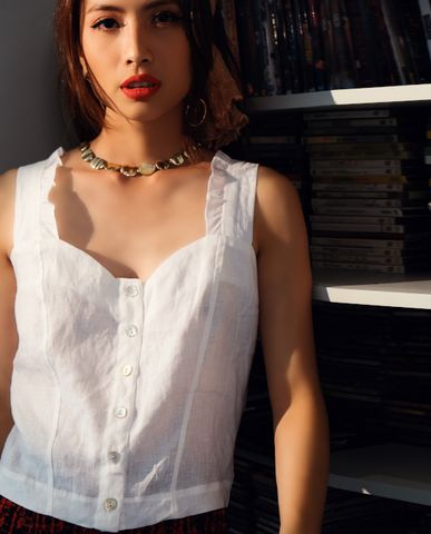 Áo croptop linen vải lanh áo ngắn hai dây trắng áo cup ngực kiểu nữ dễ thương | Thời trang thiết kế Hity