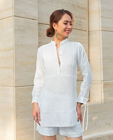 Áo linen trắng áo sơ mi trắng cao cấp áo cổ trụ vintage | Thời trang thiết kế Hity