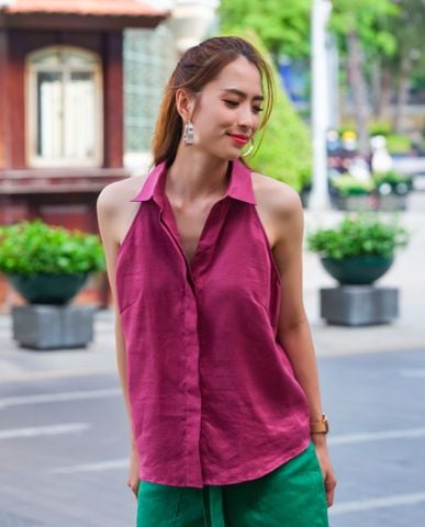 Áo sơ mi hở vai linen vải lanh tím áo cổ yếm halter suông sát nách Thời trang thiết kế nguyên bản Hity