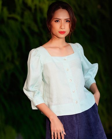 Áo kiểu linen áo croptop tay phồng cổ vuông áo kiểu nữ dễ thương xanh pastel | Thời trang thiết kế Hity