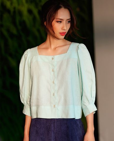 Áo kiểu linen áo croptop tay phồng cổ vuông áo kiểu nữ dễ thương xanh pastel | Thời trang thiết kế Hity